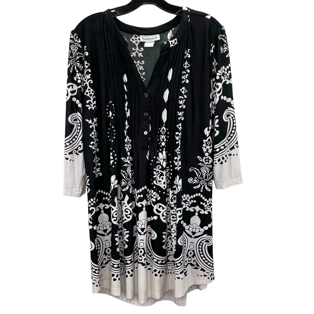 Serengeti Tunic Top L XL Black White Floral Paisley Fleur De Lis Pintuck Pleats